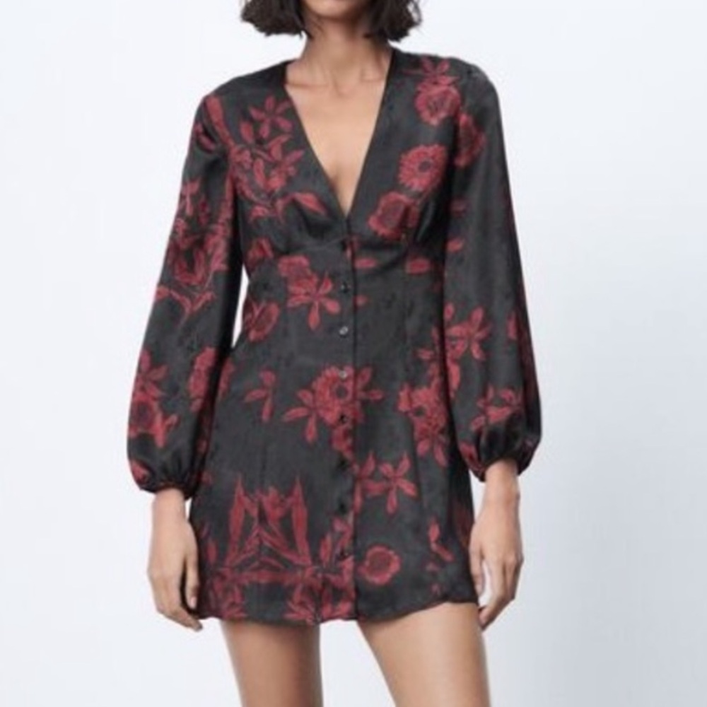 Zara Black Mini Dress with Red Floral Motif